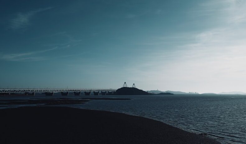 a large body of water with a bridge in the background