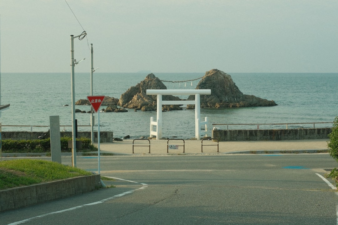An empty street next to a large body of water