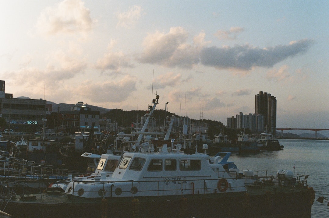 Boats are docked in the harbor at dusk.