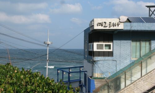 a blue building with the ocean in the background